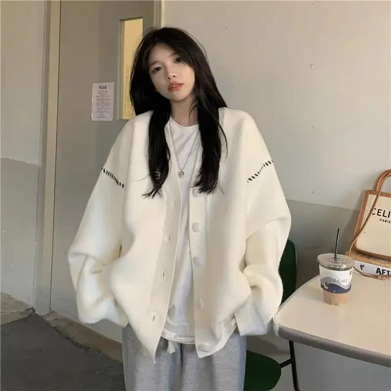Autumn and Winter Lazy Style V-neck Knitted Sweater Cardigan Women Korean Version Loose Casual All-match Sweater Cardigan Coat