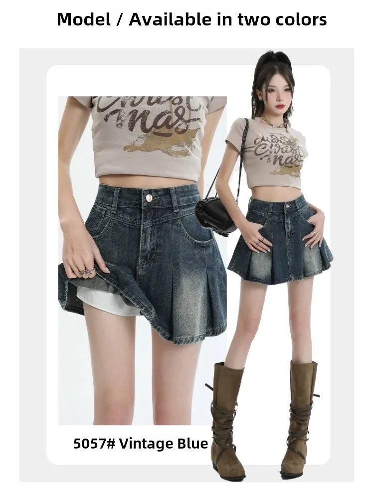 American Sle Versatile High Waist Denim  Skirt Women's Summer New plus Size Pleated Skirt Small Size Slim A-Line ves