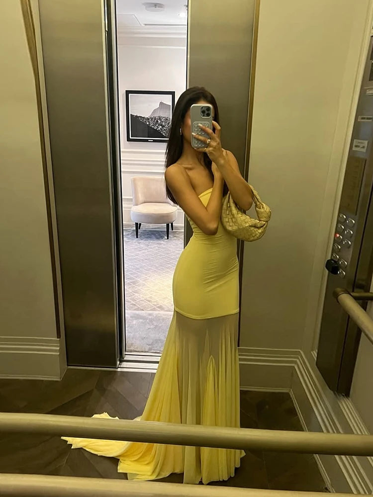 Nibber Patchwork Dress Women See Through Temperament Solid Pleated Strapless Sleeveless Backless Slim Banquet Party Vestidos