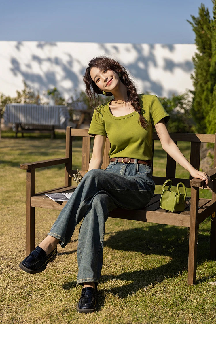 MISHOW Short Sleeve T-shirts Women Spring Solid Square-neck Top Elegant Woman Clothes Office Lady Cotton Tees MXC12T0641