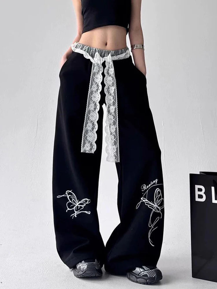 Zoki Vintage Bufferfly Y2K Sweatpants Women Loose High Waist Lace Patchwork Pants Streetwear Retro Casual Bf Harajuku Trousers