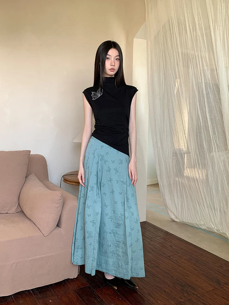 CHEERART Vintage Butterfly Sleeveless Black T Shirts Women Turtleneck Asymmetrical Top Designer Fashion Crop Top Clothing