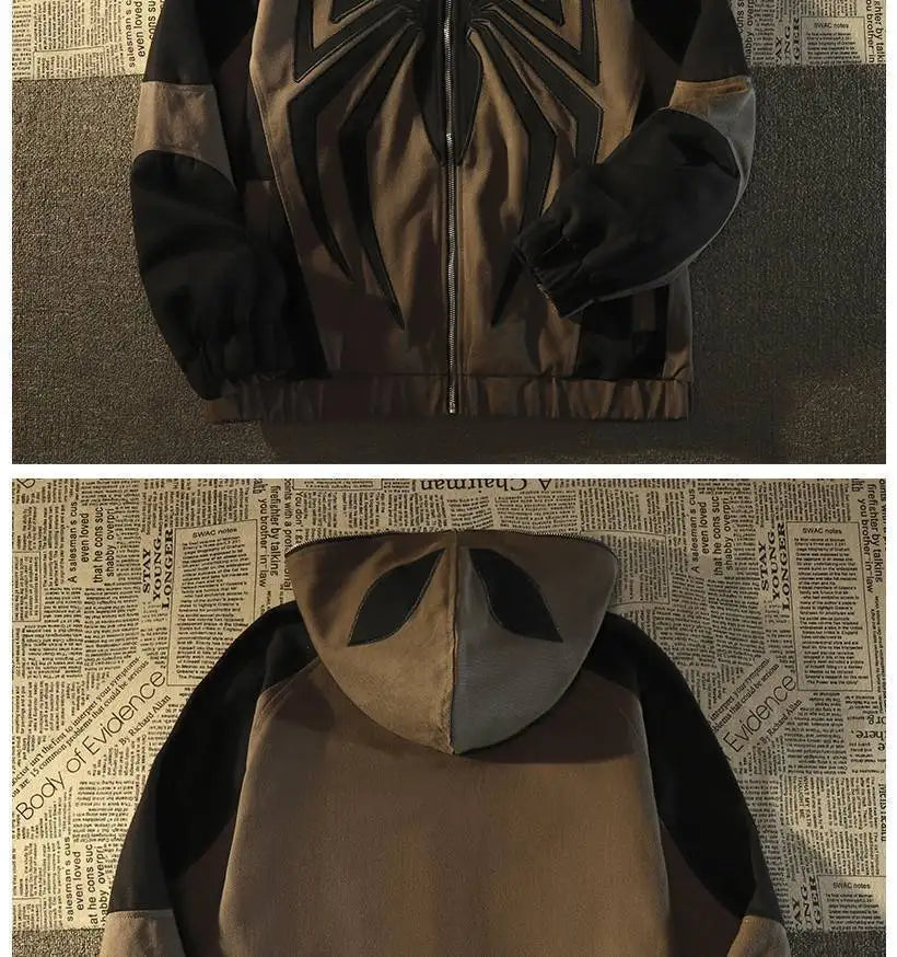 American High Street Spider Man Off Shoulder Sweatshirt Men and Women Retro Loose Oversized 150kg Couple Hooded Cardigan