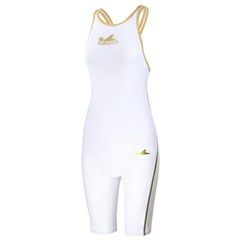 Super-Premium Quality Spandex Competitive Swimsuit White Women Fastskin Knee-Length Training Swimsuit Ladies Swimming Outfit