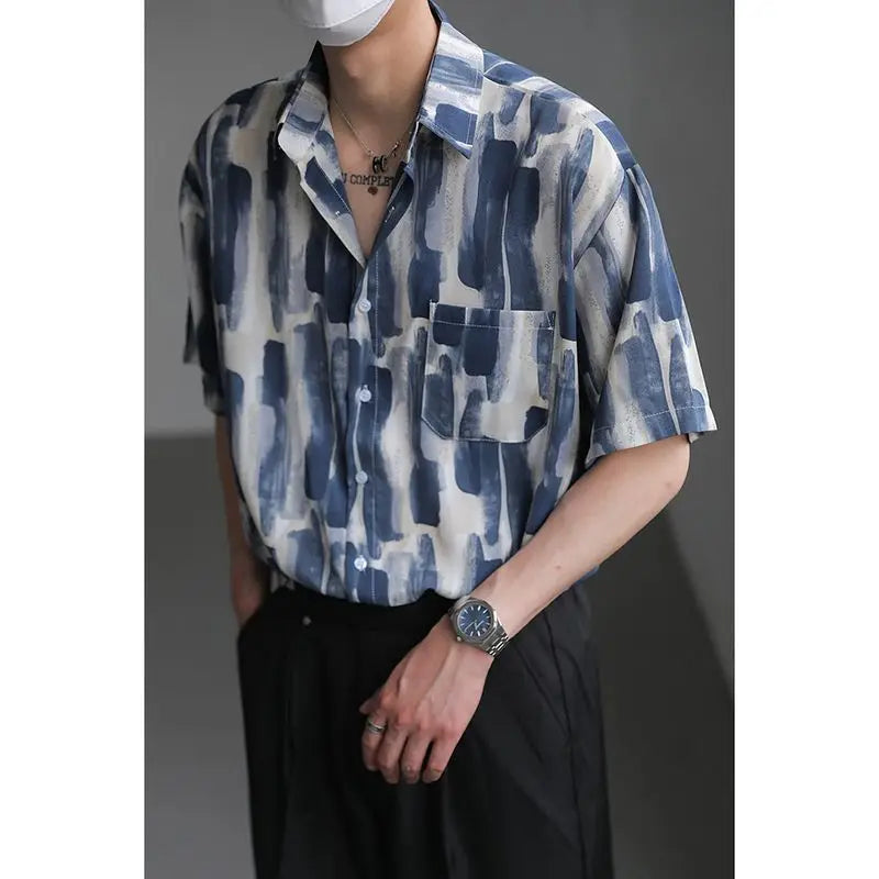 Men's and women summer trend personality simple graffiti lapel shirt couple loose retro Harajuku casual short sleeved top y2k