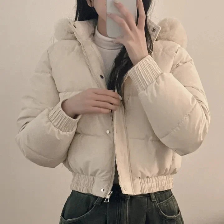 South korea Chic Autumn and Winter Fur Collar Hood Short down Coat Women Fashion Thick Warm Fleece-lined Cotton-padded jacket...