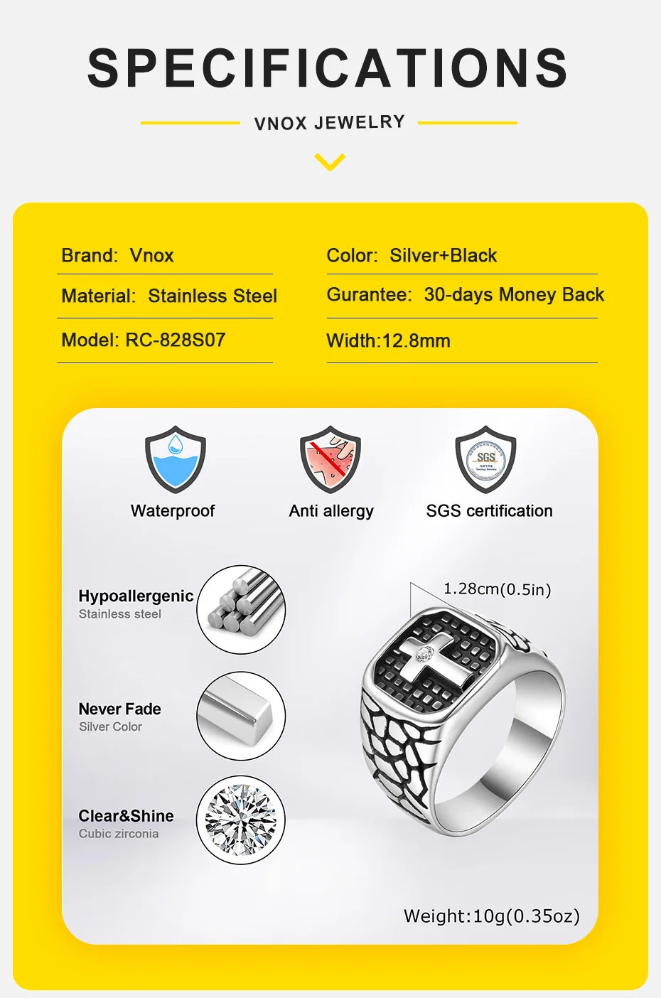 Vnox Bold Cross Signet Rings for Men,Crack Warrior Men's Faith Protect Stamp Finger Band, Vintage Viking Jewelry