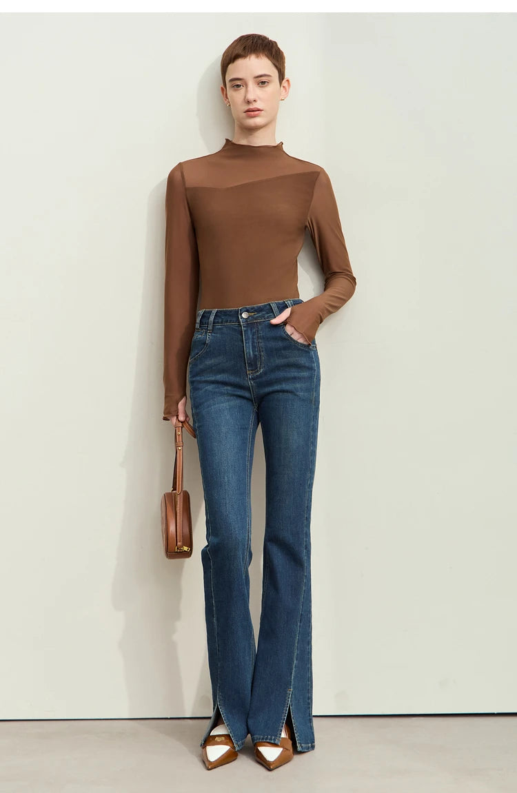 Amii Minimalism Mesh T-shirts For Women 2025 Spring New Office Lady Half-high Neck Micro Perspective Slim Retro Shirt 12423055