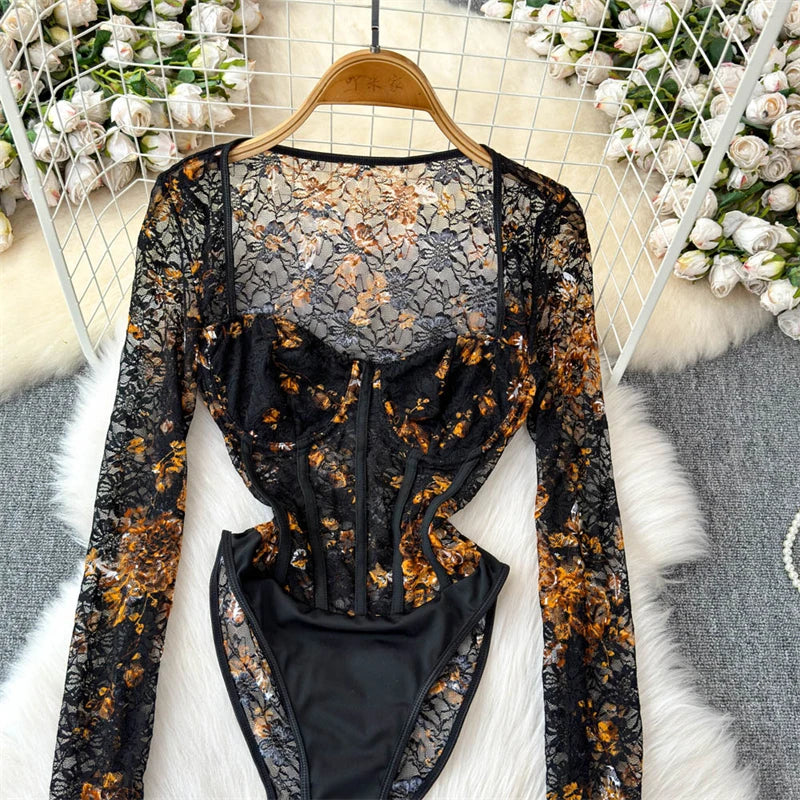 Women's Green Lace Jumpsuits Vintage Skinny Playsuits Harajuku Long Sleeve Square Collar Exotic Sexy Rompers Coquette Clothes