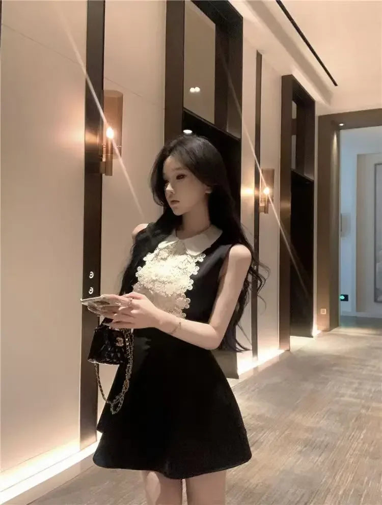 French Style Lace Doll Collar Vest Dress Women Summer Mini Skirt Waist Cinching Sleeveless Black Dress Polo Neckline Polyester F