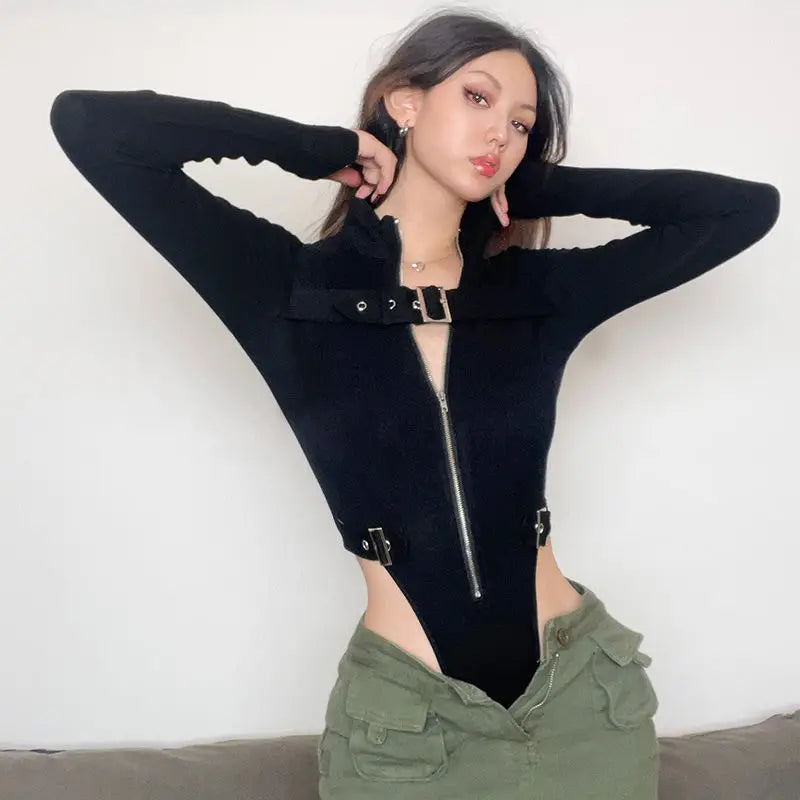 Punk Motorcycle-style Metal Button Zipper Jumpsuit Women Sports Bodycon Streetwear Y2k Retro Long Sleeve Cardigan Tops Bodysuits
