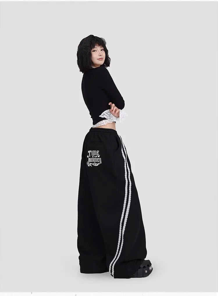 CBXLAB Street Dance Women' s Black lace pull-tab jazz pants K-pop spicy girl long pants street leisure pants trendy.
