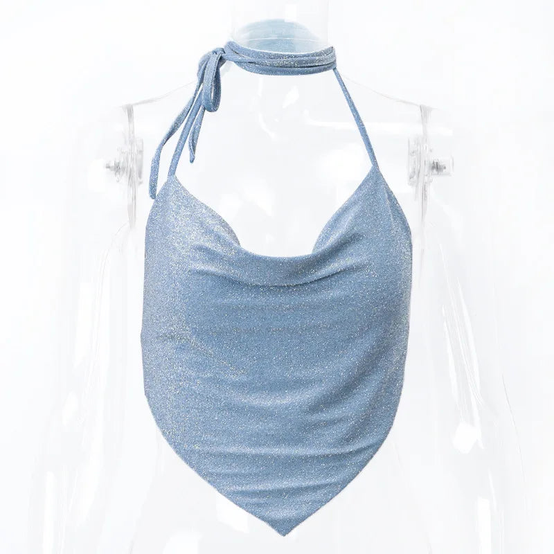 Halter Top Glitter Tanks 2025 Summer Outfits Blue Bright Silk Camis Ruched Top Crop Backless Vests Sexy Tops Cropped Clothes