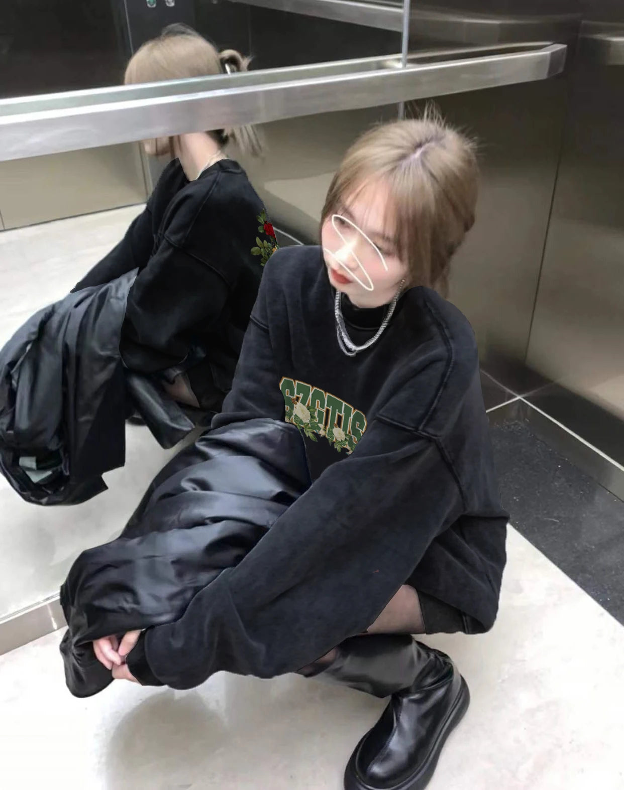 Design Sensation Rose Print Fce Lined Long Sve Women's Hoodie Street Sle Hip Hop Trendy Autumn Winter Top