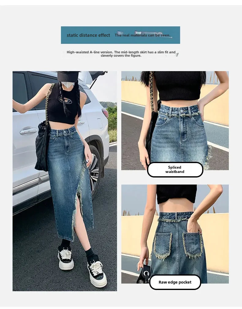 Fashionable Denim Skirt For Women High-waisted A- line Hip Covering Long Dress Casual Style Perfect For Summer 2024