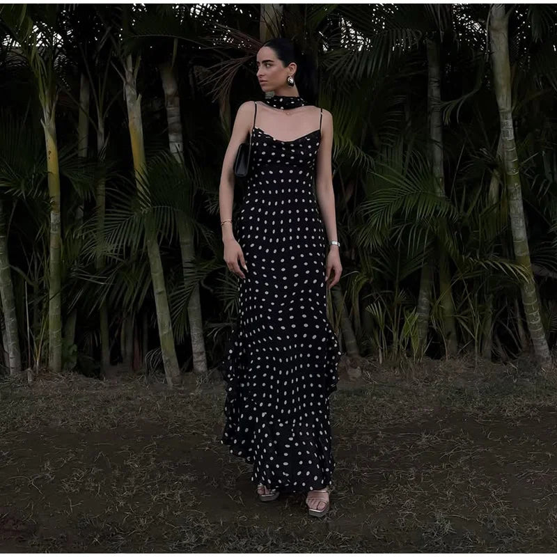 Retro Polk Dot Long Dress With Ribbon Women Sexy Low Cut Sleeveless Pleated Slim Evening Dresses Female Spring Chic Street Party