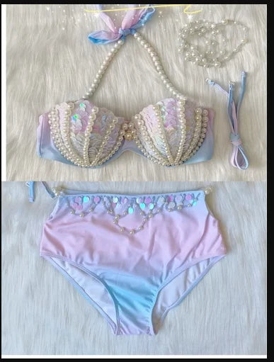 Mermaid Swimsuit Women Bikini Handmade Sequins Shell Bikini Sets Freediving Show Swimwear Tassel Beading Chest Pad Cos Bar Bra