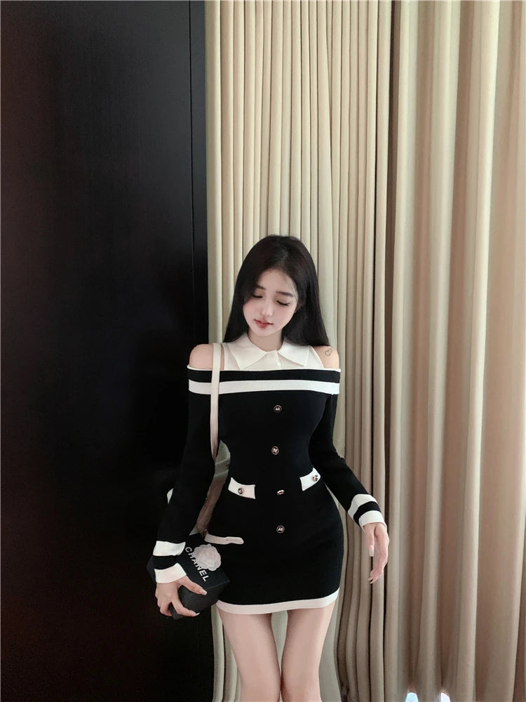 Hot Girl Off Shoulder Long-sleeved Knitted Dress Women's Autumn Fake Two-piece Shirts Spliced Sexy Wrapped Hip Short Dress