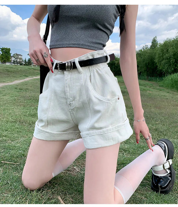 Women's Wine Red Denim Shorts High Waist Wide Shorts Harajuku Streetwear Korean Style Y2k Casual Blue A Line Jean Shorts Summer