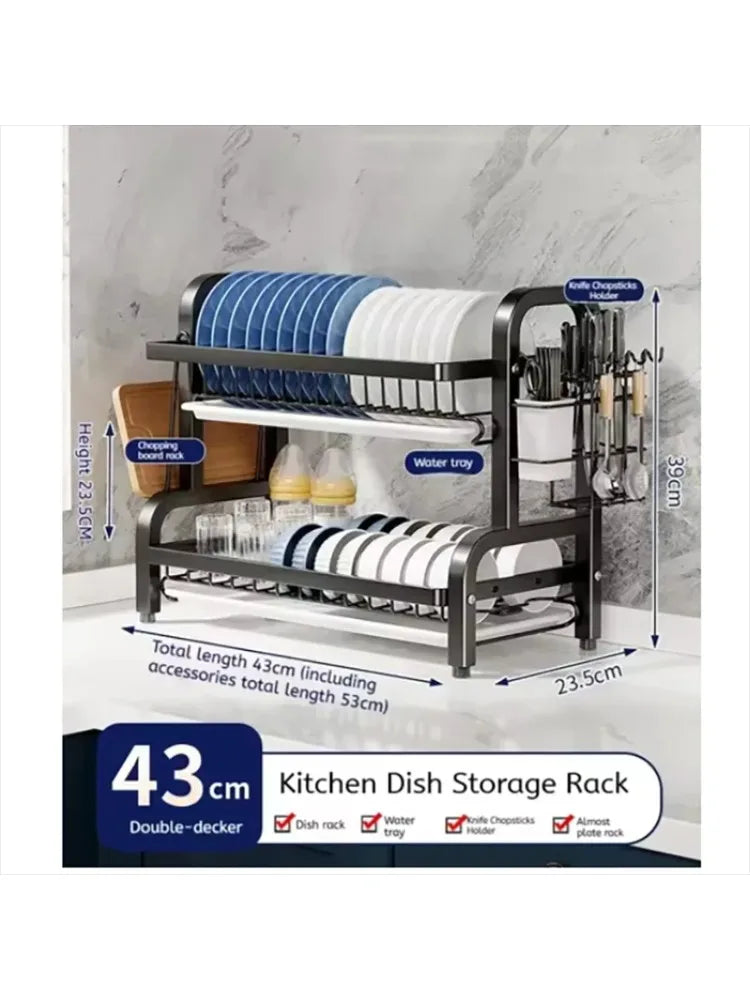 Kitchen 2nd floor storage cutlery and bowl rack set with cutlery rack, large anti rust cutlery drainage board