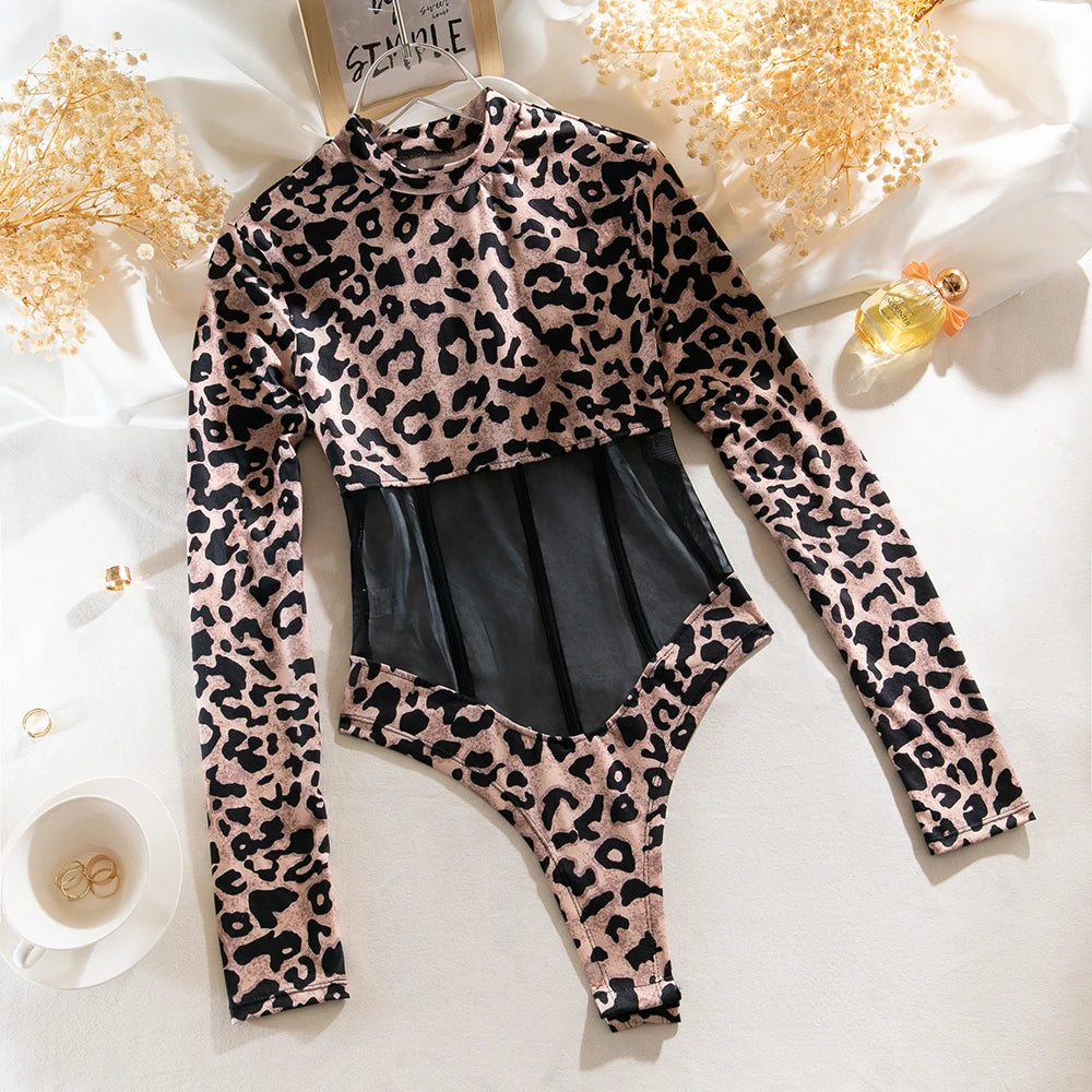 Yimunancy Leopard Print Women Mesh Bodycorn Bodysuit Long Sleeve Sexy Bodysuit Stand Colloar Body Femme