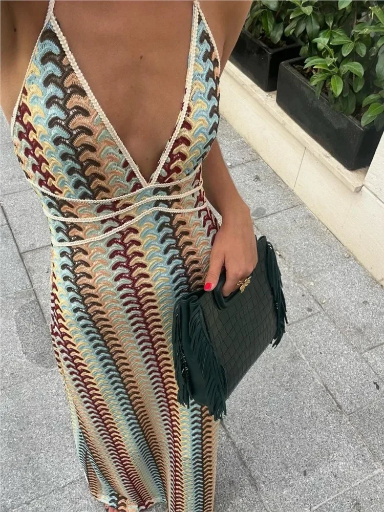 Sexy Printed Colorful Deep V-neck Crochet Maxi Dress Women Chic Sleeveless Backless Sling Slim Vestido 2025 Lady Vacation Robes