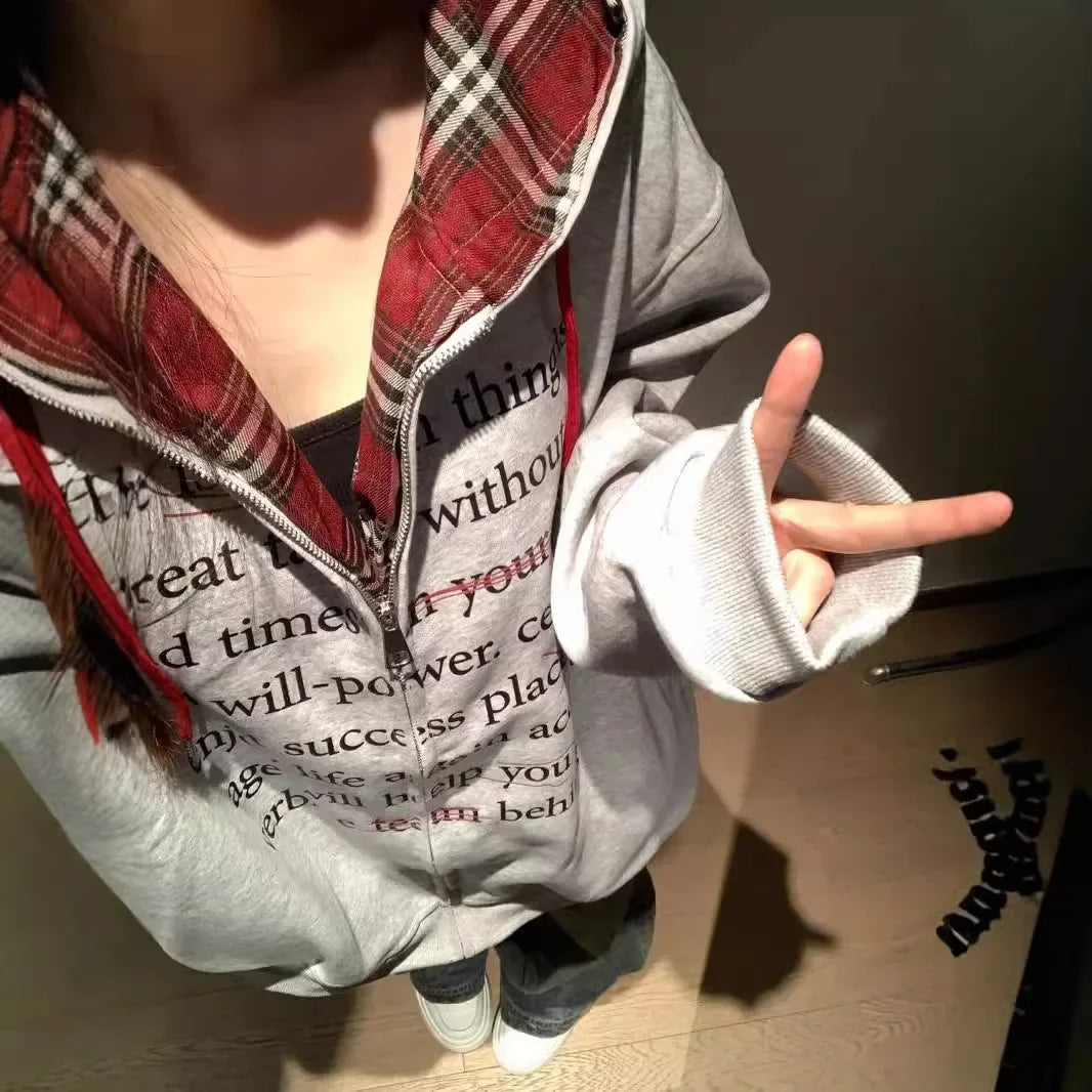 Hua Cotton Blend Milk Silk Hoodie Zipper Couple Jacket Retro Letter Patchwork Hat Sweatshirt 280g Vintage Style Women's Clothing