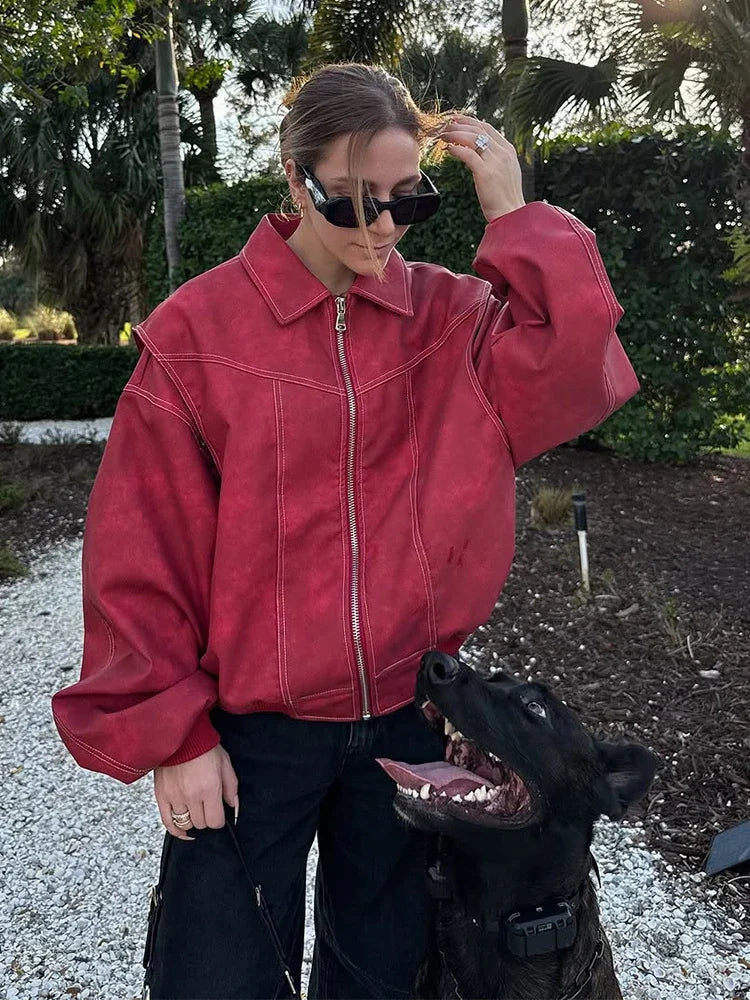 Women's Artificial Leather Short Jacket Retro Red Linen Coat Spliced Zipper Jacket Autumn Women's Lapel Pocket Street Sportswear