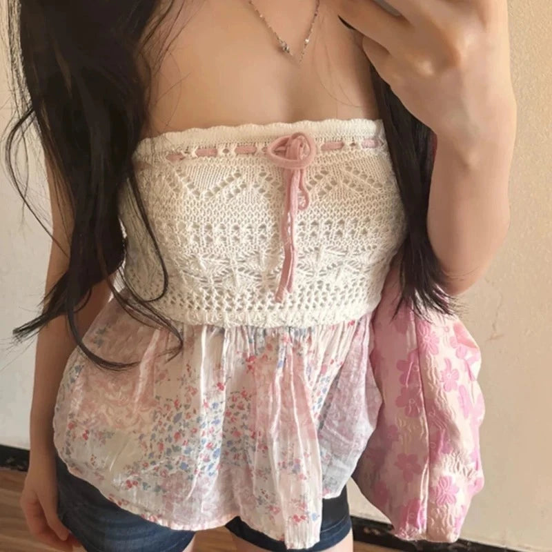Summer  New Sexy Spice French Elegant Ladies Top Lace Patchwork Halter Vest Floral Skirt Design Hollowed-Out Strapless Tops