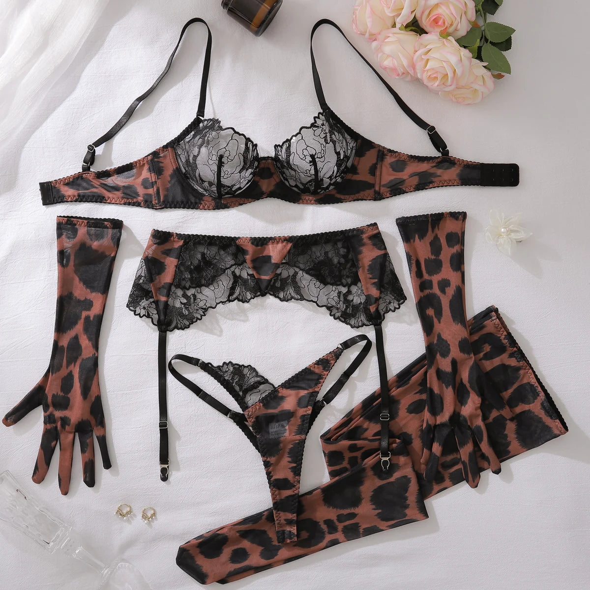 Ellolace Leopard Costume For Women Lingerie Ultra Sexy Lace Patchwork Intimate Sexy Complete with Gloves Stocking Underwear