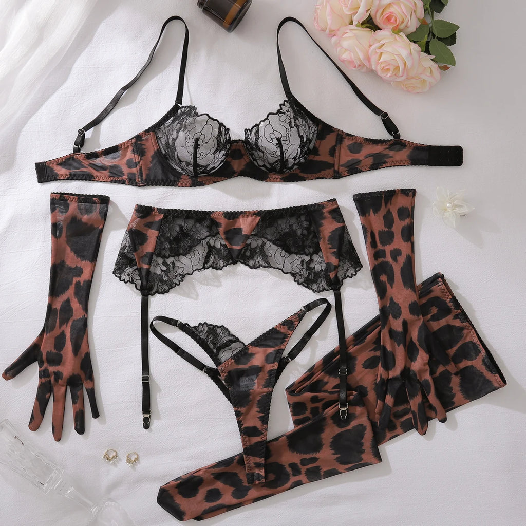 Ellolace Leopard Costume For Women Lingerie Ultra Sexy Lace Patchwork Intimate Sexy Complete with Gloves Stocking Underwear