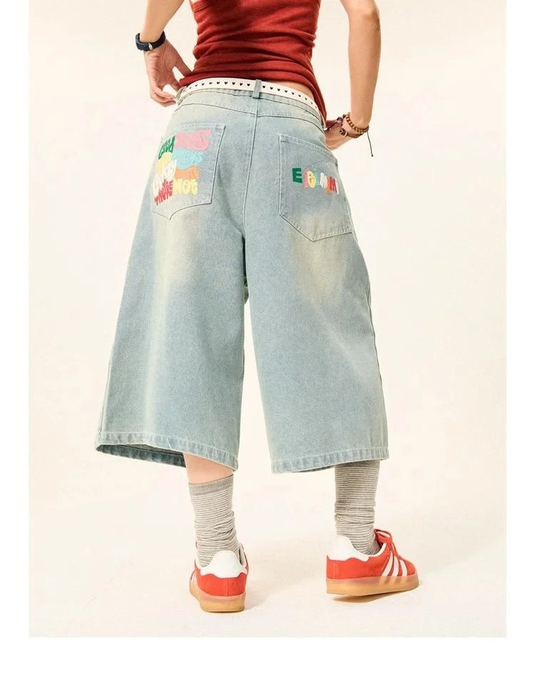Summer High Street Letter Printing Washing Denim Shorts Men and Women American Retro Casual Loose Straight Cropped Pants Trendy