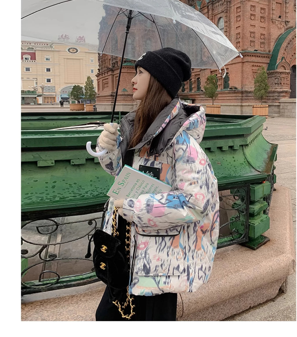 Down Jacket Fashion Short Women's Autumn and Winter Thickened Warm Windproof Warm Loose Hooded Straight Cartoon Anime Print 1Pc