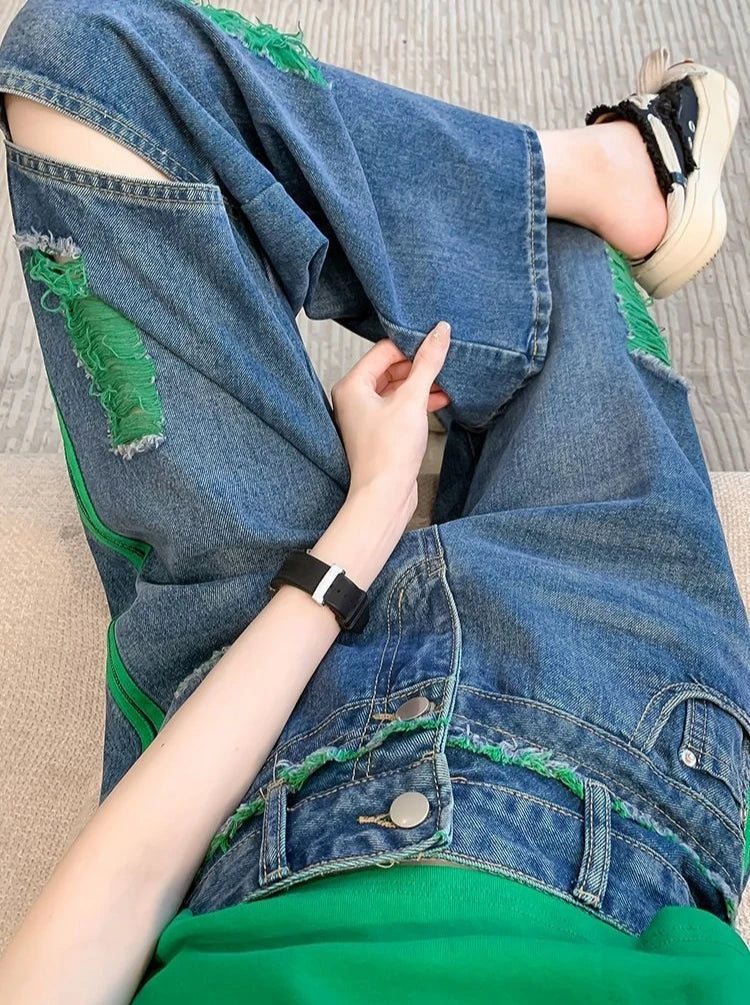 Wide Leg Denim Pants for Women Straight High Waist Shot Trousers Loosefit Fitted 2025 Quality Korean Fashion Woman Ripped Jeans