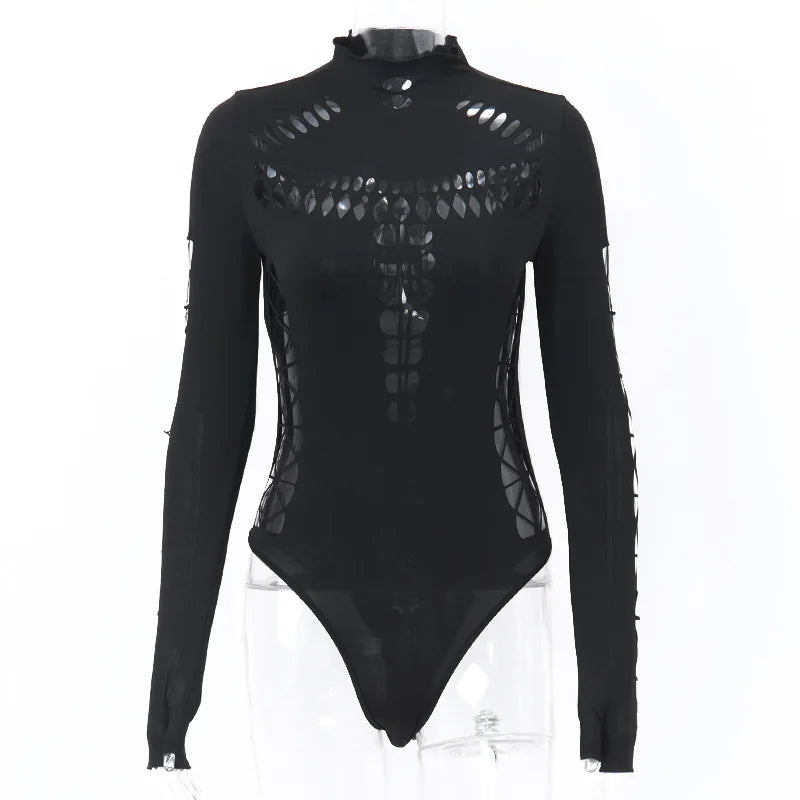 nibber Hollow Out Women Bodysuit Criss-Cross Full Sleeve Autumn Trend Skinny Sexy Solid Rave Party Club Streetwear Y2K Outfit