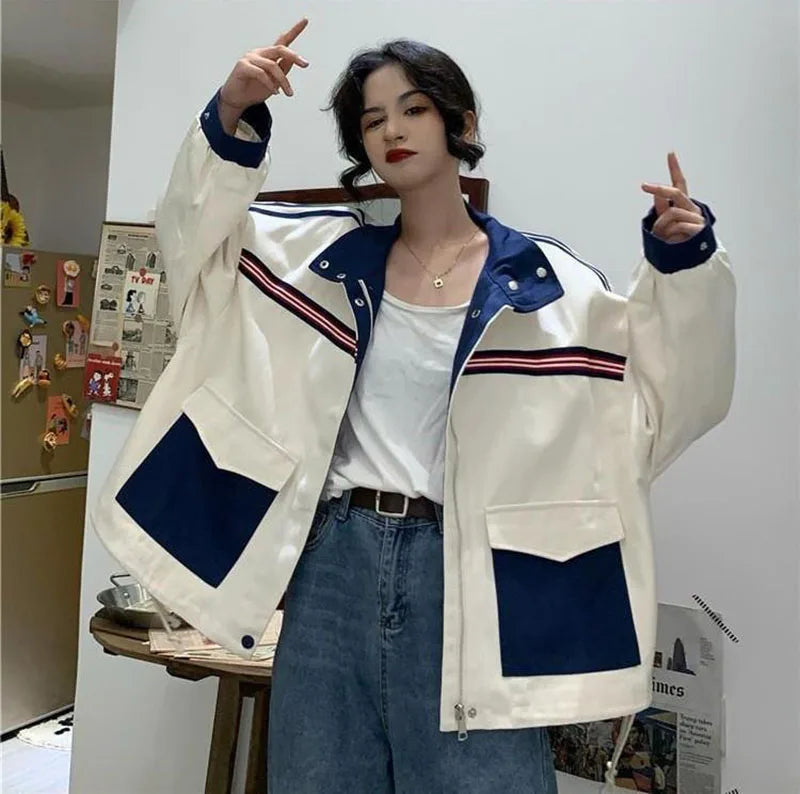 Patchwork Jacket Women American Loose Streetwear Blue and White Zipper Clothes Casual Chic Long Sleeve Harajuku Outwear