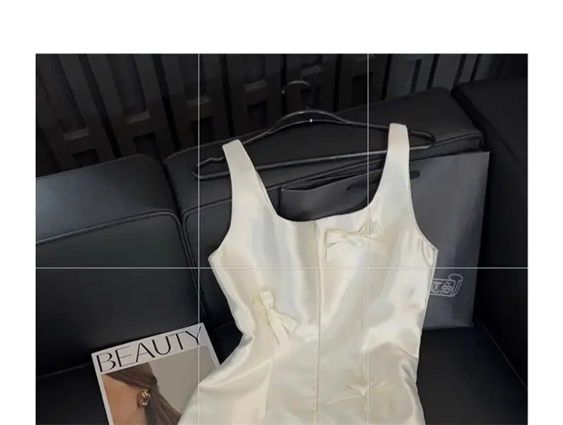 Women Elegant Mini Dress Satin Bow Decor Sleeveless Square Neck Slim Fit Suit French Style Party Club Night Summer Outfit