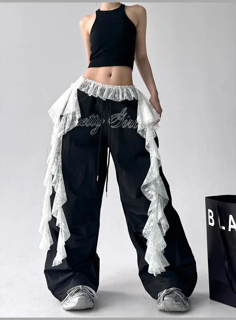 American retro black printed Spice Girls Street Dance Scimitar Pants Women's Loose Design Splicing Summer New Wide Leg Pants
