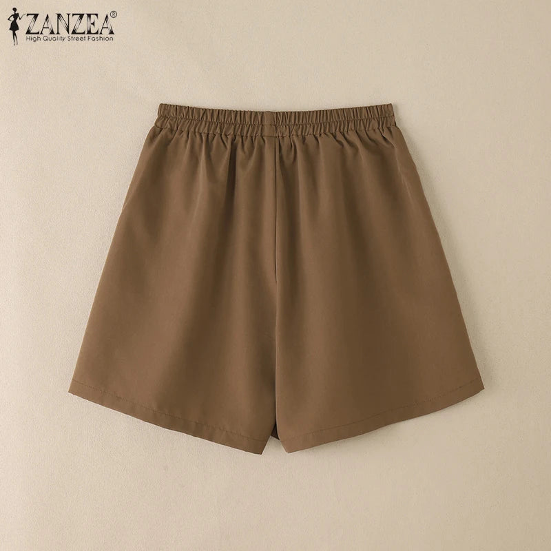 2025 ZANZEA Summer Shorts Women Fashion Casual Elastic Waist Trousers Vintage Holiday Beach Pant Solid Loose Pantalon Plus Size