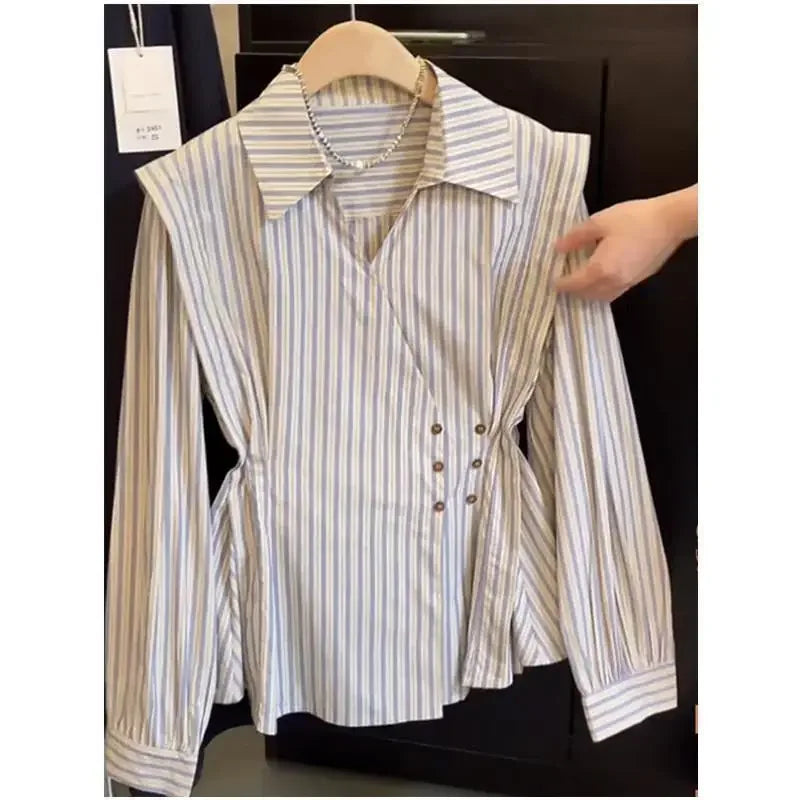 Elegant Slim Fit Long Sleeve Striped Shirt Design Spring Autumn Women Fashionable Waist Cinching Button up Casual Shirt