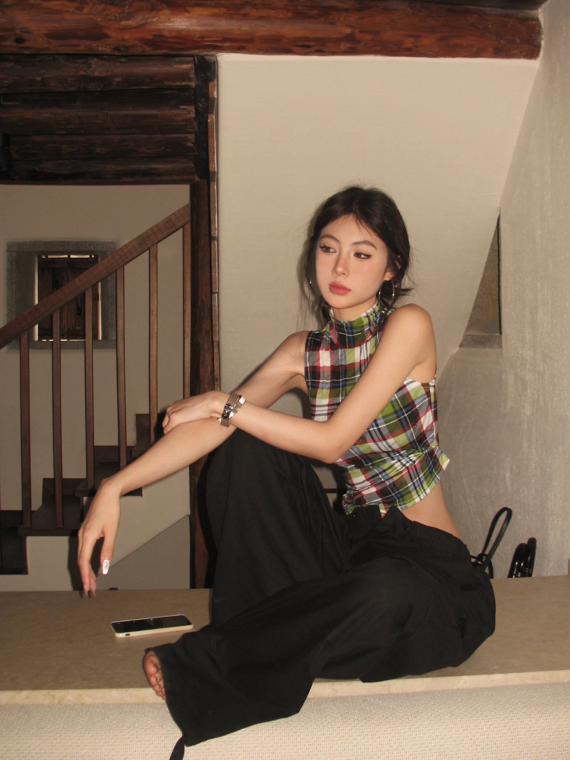 Tonngirls Vintage Tank Tops Plaid Sleeveless Skinny American Retro Crop Tops Grunge Y2k Tank Tops Streetwear Summer Classical