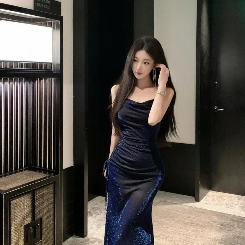 Starlight Sexy Swinging Collar Strap Dress, Mid to Long, Waist Tight, Slim and High End Beach Dress