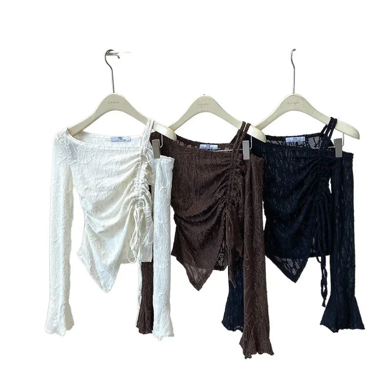 Elegant Shoulder Bared Bell Sleeve One Shoulder Women's Short Top Korean Style Gentle T Shirt for Autumn Fashion Ladies' Wear