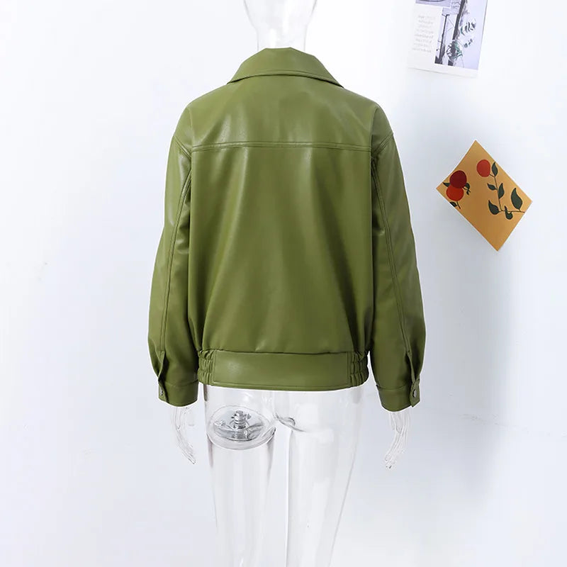 Fashion Green PU Leather Jacket Women Laple Zipper Loose Full Sleeve Single Breasted Cropped Coat 2024 New Lady Solid Streetwear