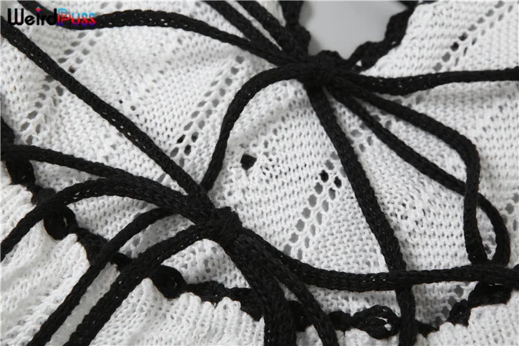 Weird Puss Sexy Elegant Halter Dress Women Summer Backless Lace-Up Color-Block Sleeveless Trendy Nightclub Wild Fashion Clothing