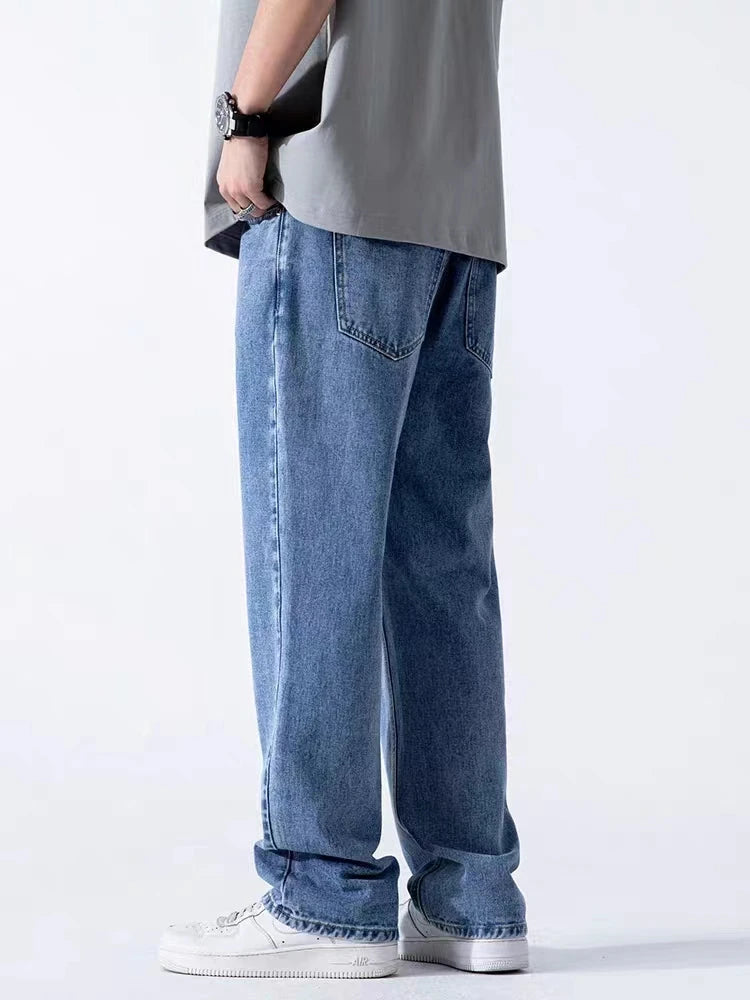 Spring Autumn Men's Jeans Straight Denim Pants Banding Waist Cotton Streetwear Wide Leg Loose Casual Blue Long Jeans Trousers