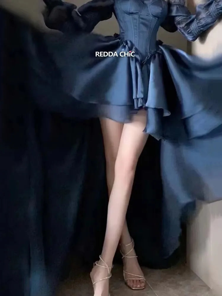 REDDACHiC Royal Blue Beaded Trailing Mini Dress Stain Jacquard Corset Laced Puff Sleeves Princess Dress Women Wedding Party Gown