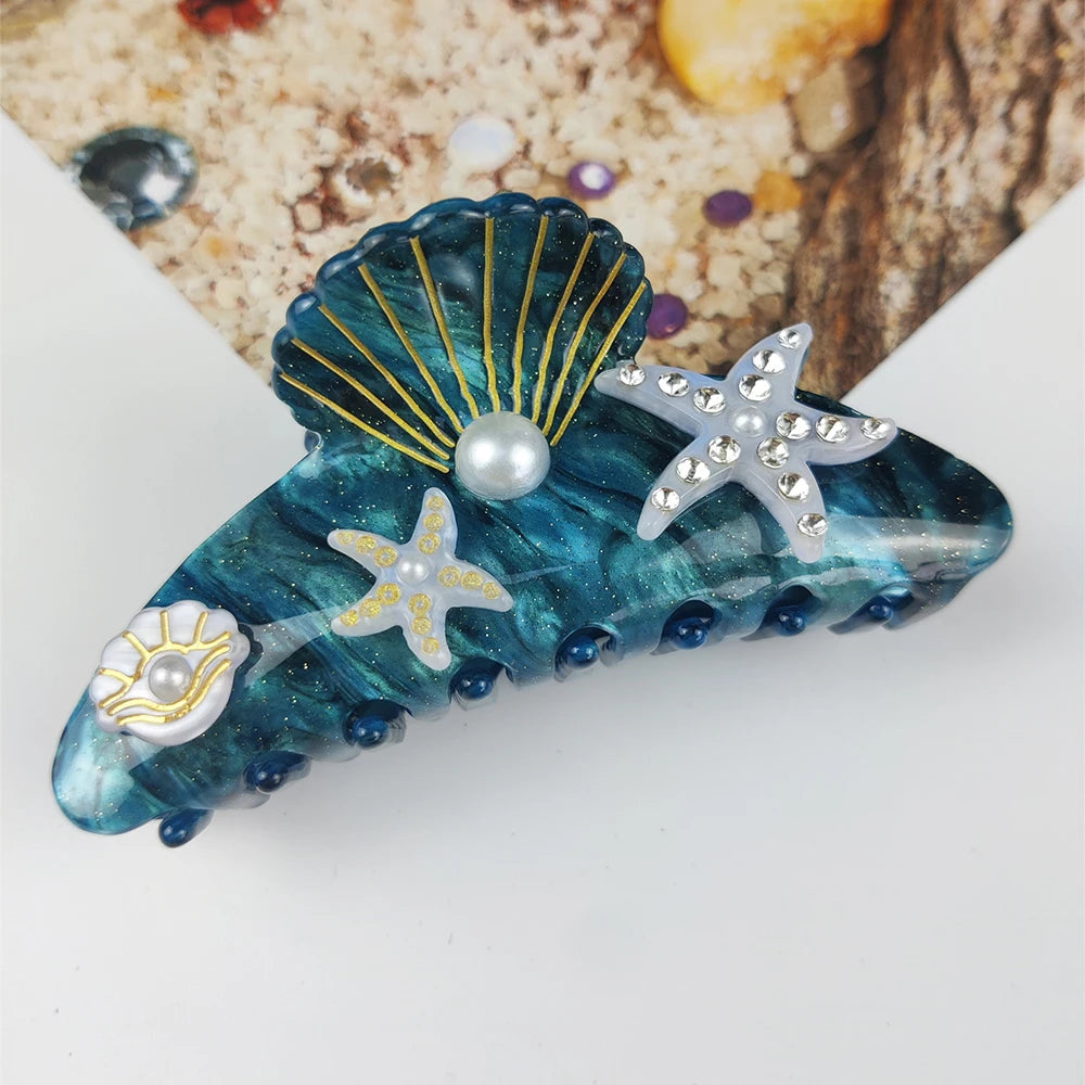 Sea Series Large Hair Claws Clip Diamond Starfish Conch Hair Clips Acetate Hair Accessories Handmade