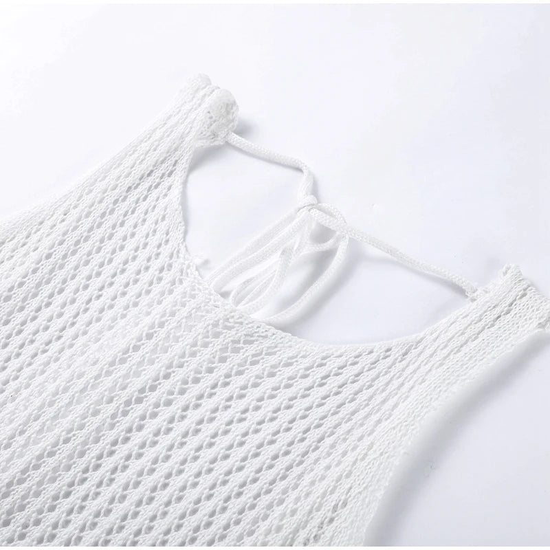 Sexy Backless Pearl Tassel Mini Dress Women Chic Street Knitted Hollow Out Lace Up Slim Short Dresses Lady Spring Beach Party