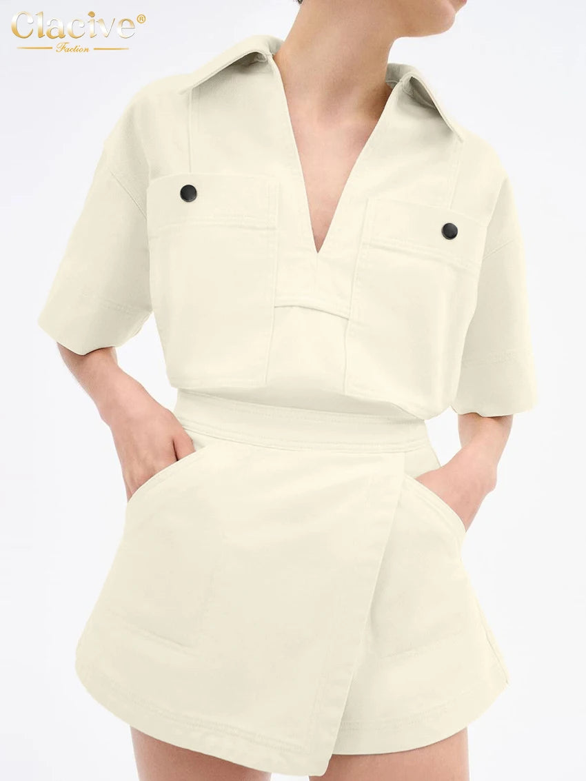 Clacive Fashion Loose Beige Cotton Women's Two Pieces Set Summer Short Sleeve Shirt With High Waist Shorts Set Female Clothing